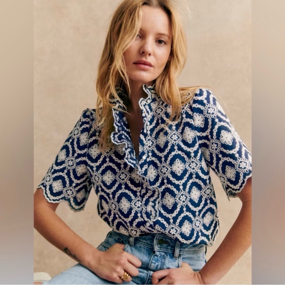 Sezane Dalhia Marine Blue and White Blouse